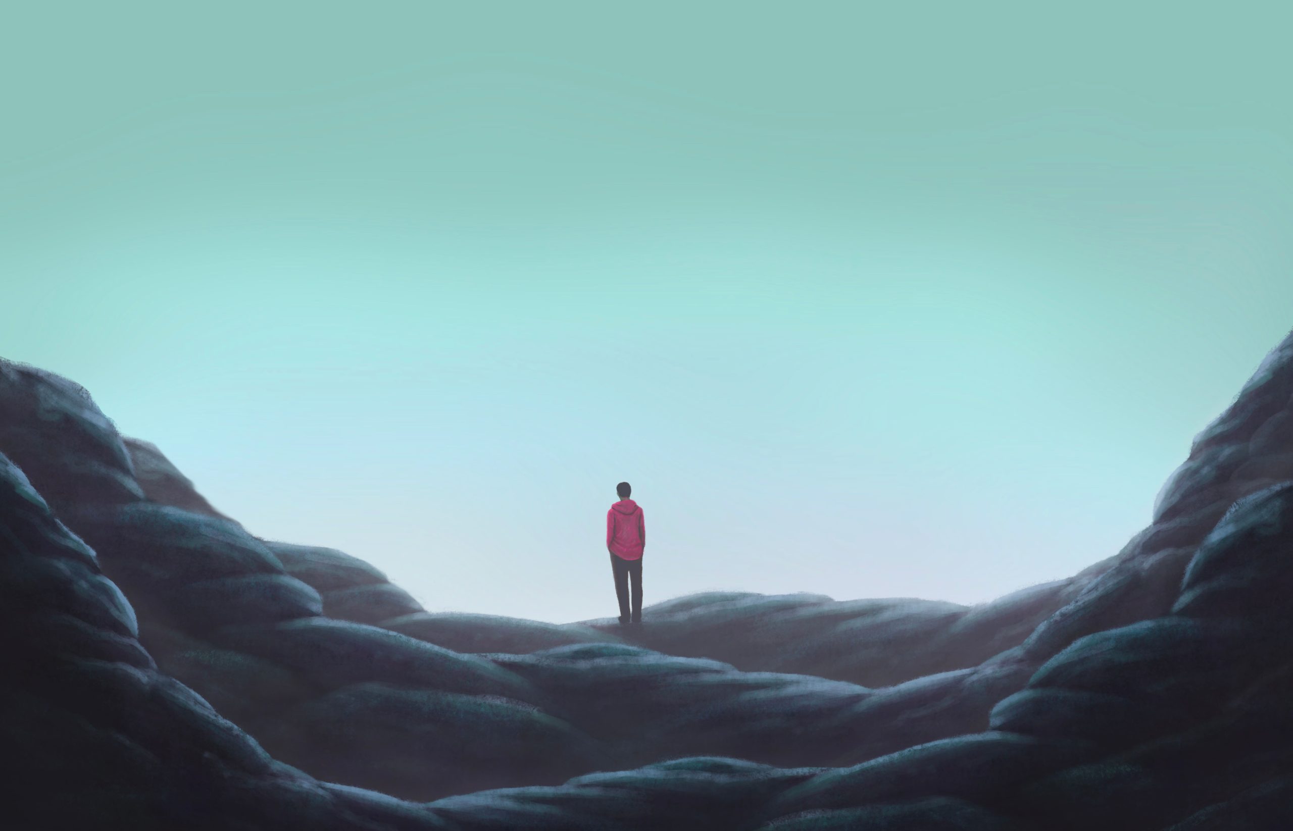 Ein einsamer Mann in einer tristen Landschaft