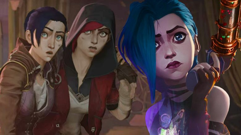 Ein Szene aus Arcane mit Jinx, Caitlyn und Vi.