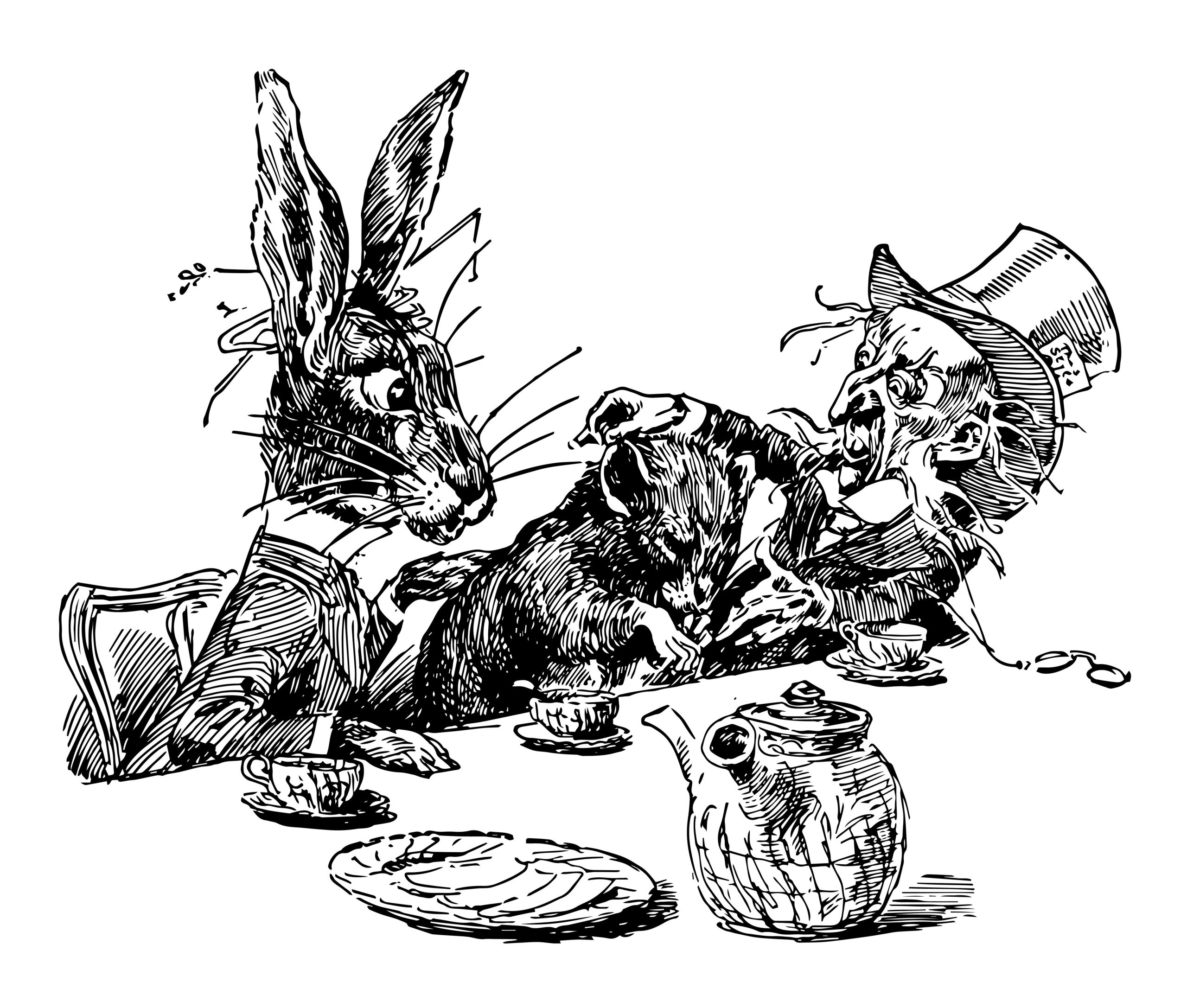 Tee-Party aus Alice im Wunderland mit dem verrückten Hutmacher und dem Märzhasen.
