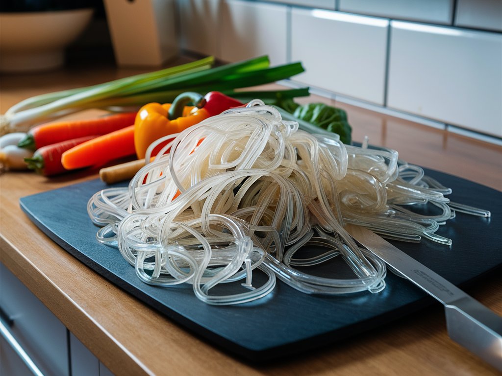 Glasnudeln liegen auf einem Schneidebrett, im Hintergrund Gemüse.