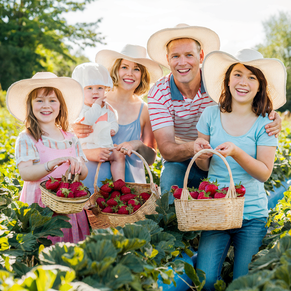 Familie beim Erdbeerpflücken