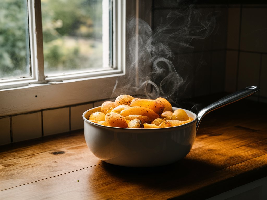Eine Schale Kartoffeln steht vor einem Küchenfenster.