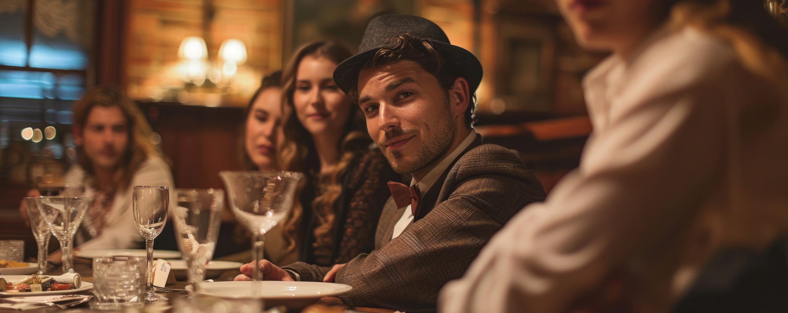 verkleidete menschen bei einem krimidinner zuhause